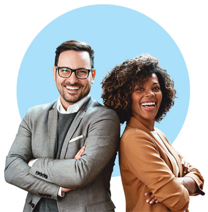 Smiling successful people in front of a blue circle